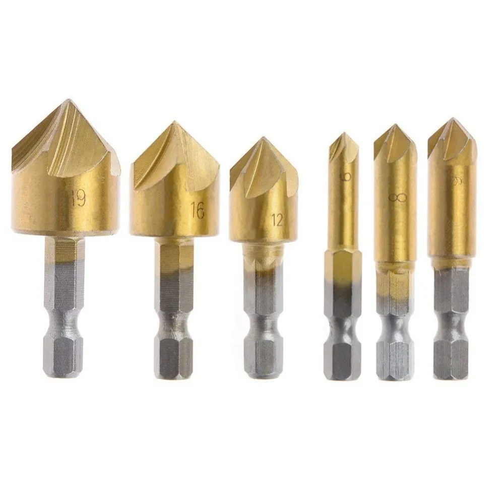 

6pcs 6mm-19mm HSS Chamfer Countersink Chamfer Drill Bit 1/4" Hex Shank 90 Degree Wood Chamfering Cutter Drill Bits Set