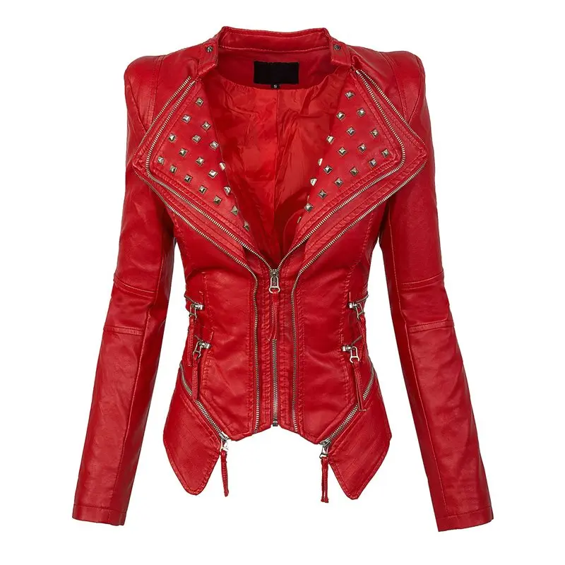 

Women PU Jackets Casual Red Gothic OL Ladies Punk Hip Hop Slim Lapel Zipper Solid Rivet Zipper Female Fashion Tops Overcoats