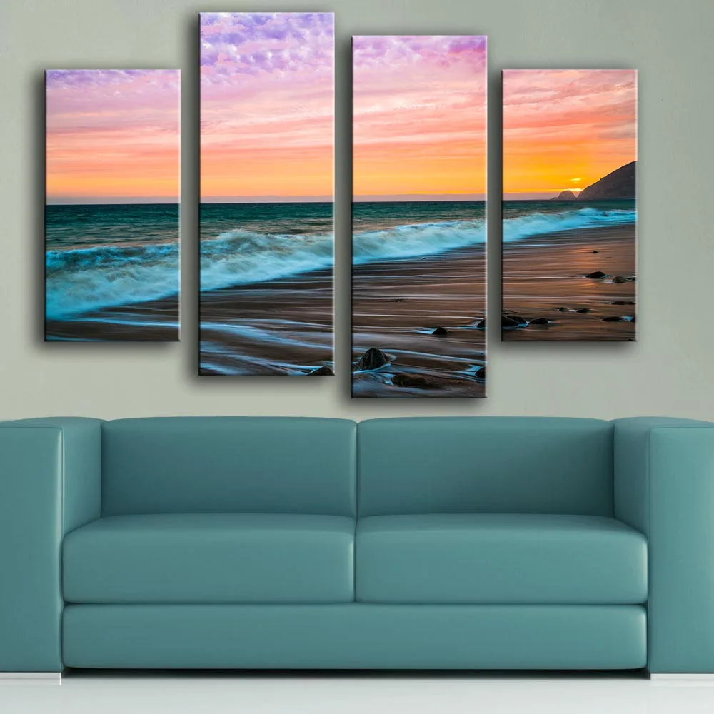 

2017 new product Print Oil Painting Wall painting 4PCS sunset sea waves Wall Art Picture For Living Room painting