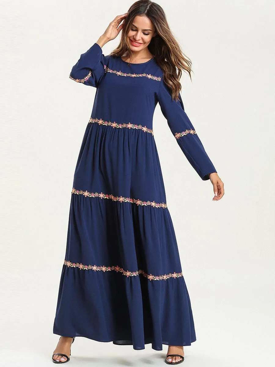 Loose Women Long Muslim Dress Round Neck Sleeve Maxi Ethnic Embroidery Ruffles Swing | Женская одежда