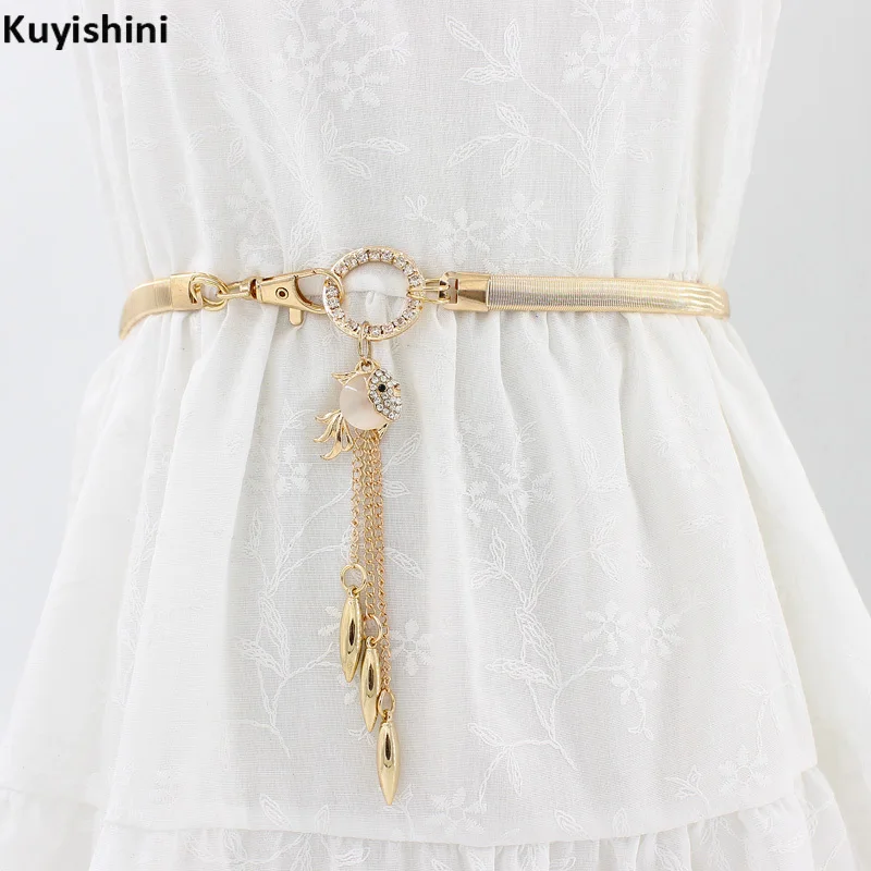 

New Wedding Elastic Belts Decoration Women Cute Charming Lady Little Fish Stretch Rhinestone Gold Silver Waist Chain Belt