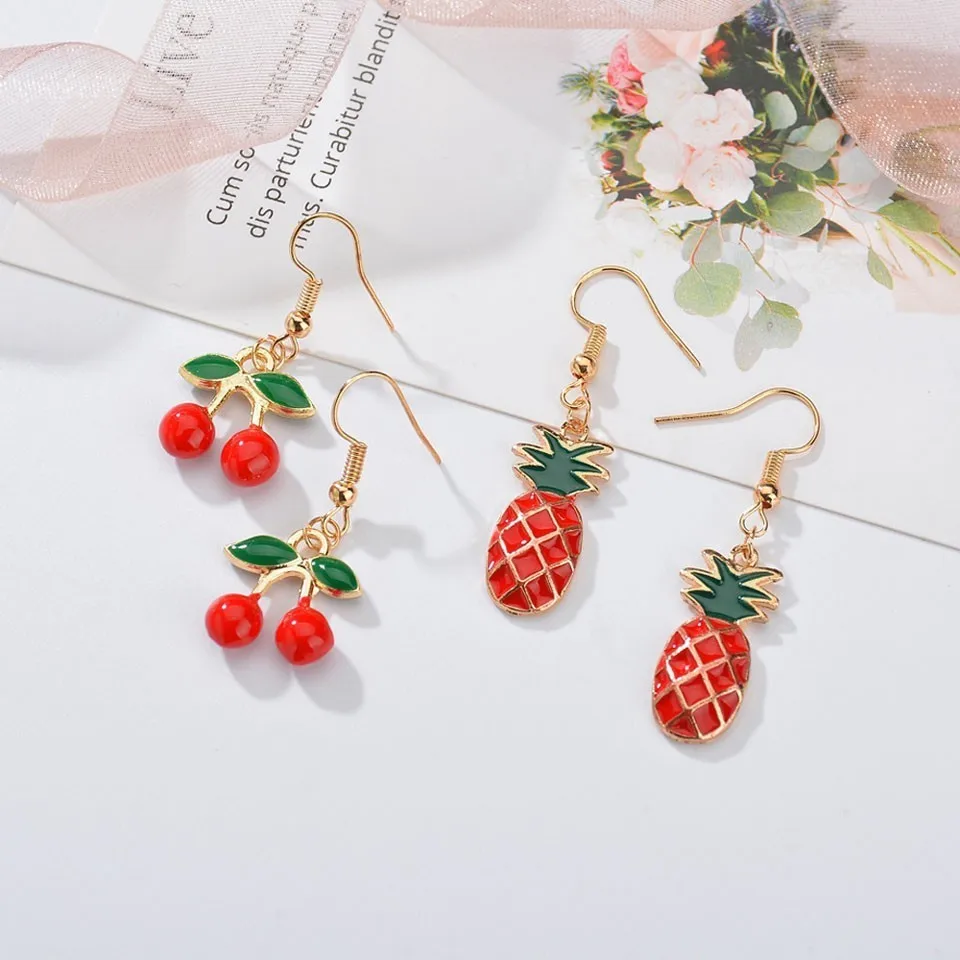 

New Handmade Lucky Red Cherry Pineapple Maiden Long Drop Earrings Jewelry Women Cute Party Fashion Earrings Accessories