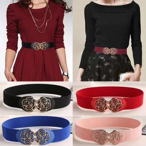 HIRIGIN Newest Women Wide Waist Belt Vintage Metal Flower Elastic Stretch Buckle Waistband Cummerbunds