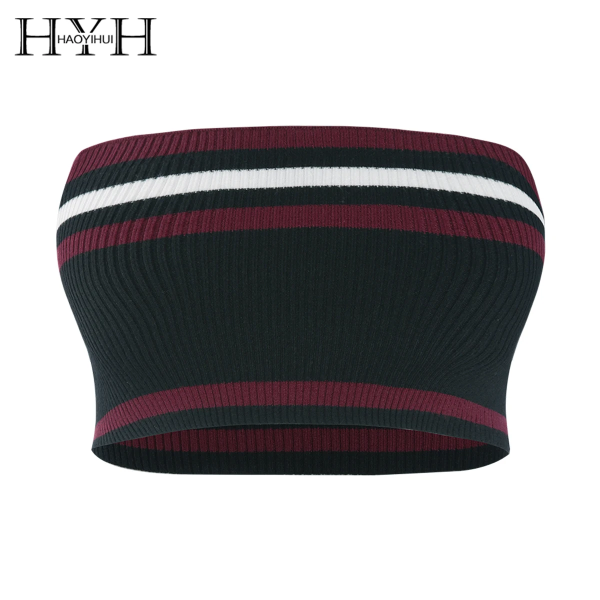 

HYH HAOYIHUI Sexy Shoulder-exposed short stripe splicing Brooch sweater Sweet Sleeveless Short tops