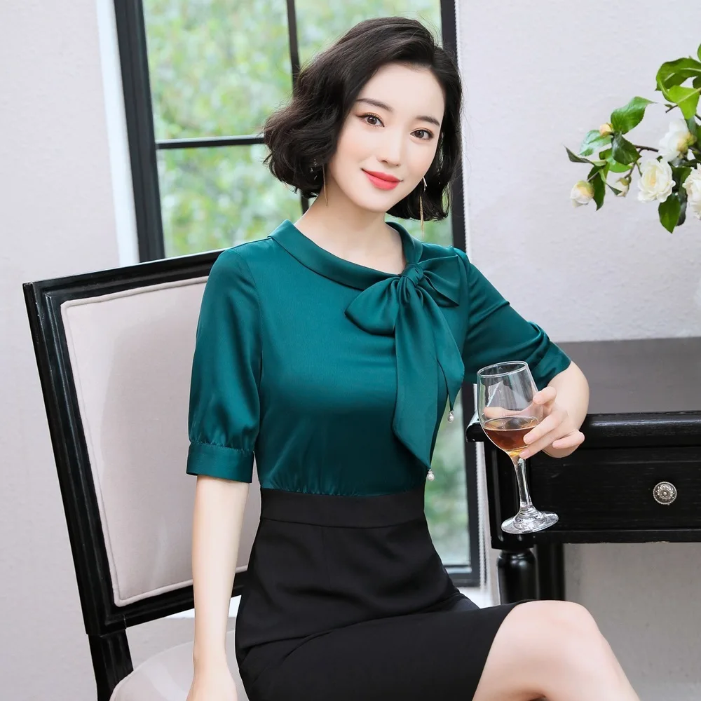 Woman 2019 Occupation OL Dress Bow Package Hip False Two Two-piece dresses Fashion Half sleeve Slim Women's clothing Dress