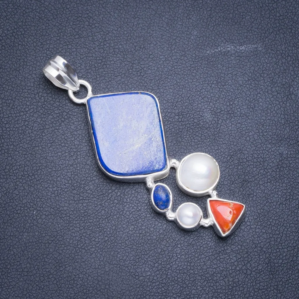 

Natural Lapis Lazuli,River Pearl and Red Coral Handmade Unique 925 Sterling Silver Pendant 2.25" A0568