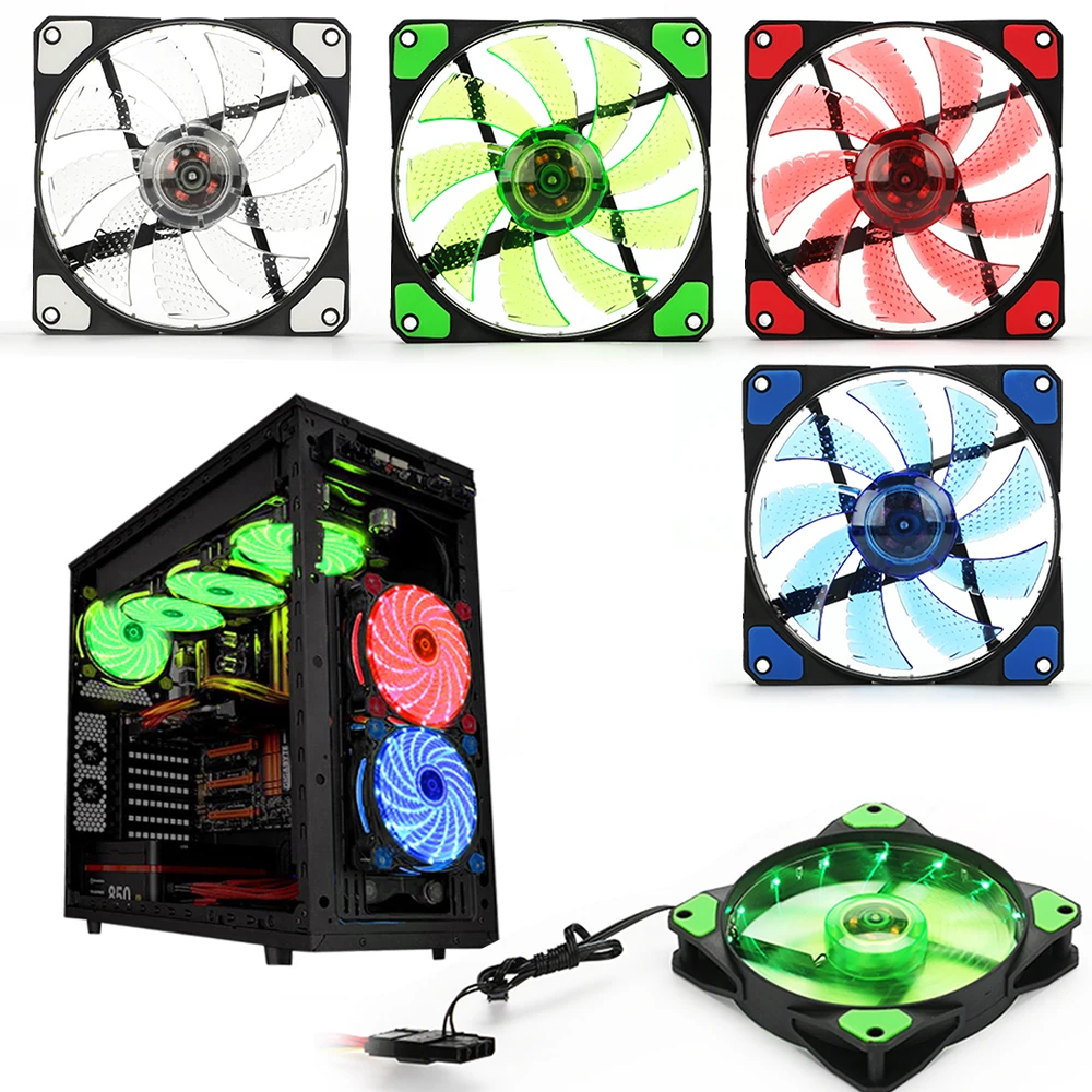 

120mm PC Computer 16dB Ultra Silent 15 LEDs Case Fan Heatsink Cooler Cooling w/ Anti-Vibration Rubber 12CM Fan 12VDC 3P IDE 4pin