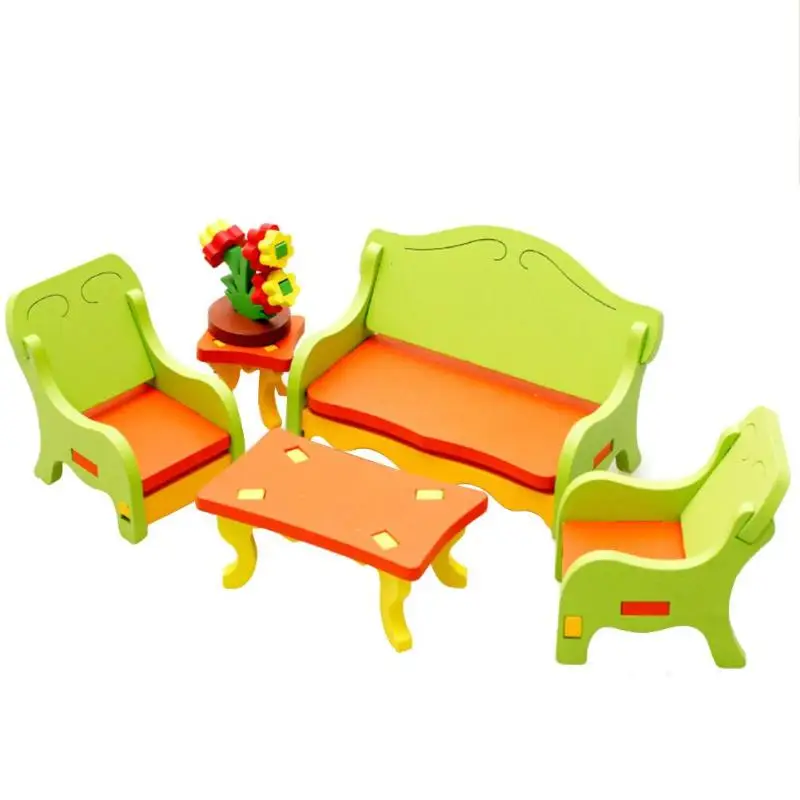 مقعد خشبي دمى DIY 3D نموذج ألعاب ألغاز خشبية المنزل الجدول كرسي مضمد نموذج الأطفال مجلس اكسسوارات أثاث للأطفال