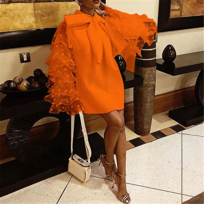

Orange Vintage Dress High Street Women Mini Dresses Mesh Ruffle Sleeve Dinner Party Club Robe 2019 Summer African Dress
