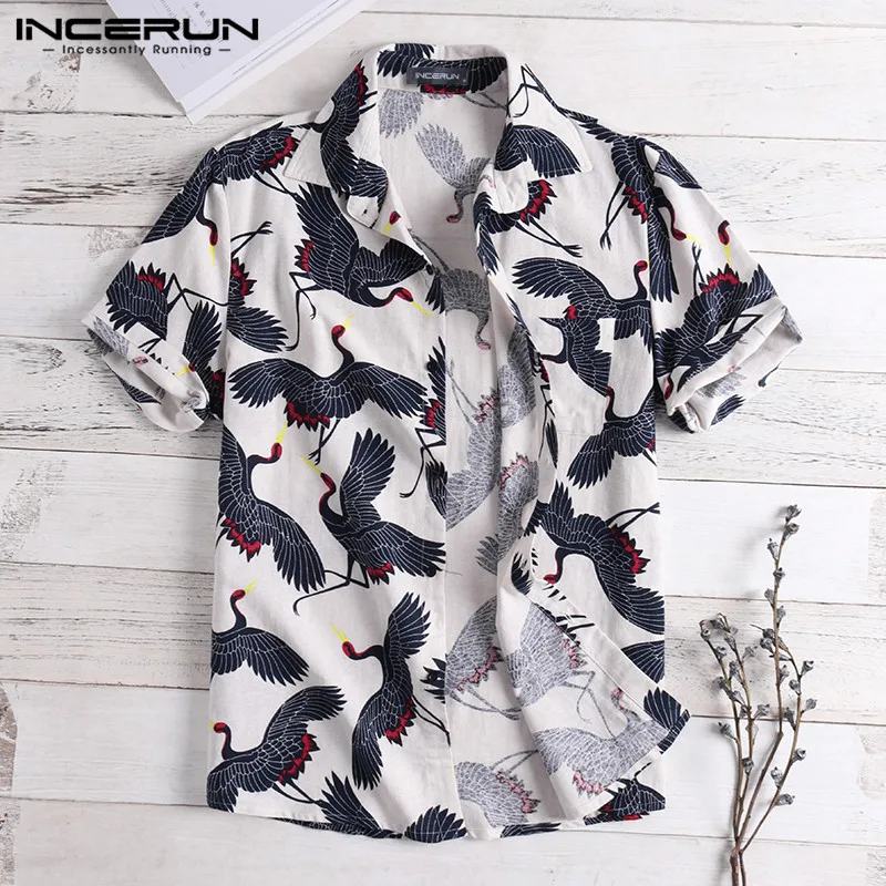 الشارع الشهير الرجال عارضة قميص طباعة زر قصيرة الأكمام بلوزة Camisa 2019 فضفاض الشاطئ المتناثرة قمصان هاواي الرجال S-5XL INCERUN