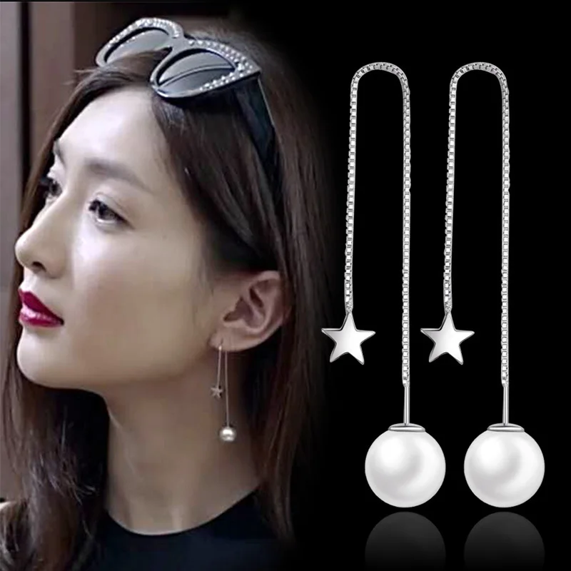 

2016 New Christmas Gifts Silver-color Simulated Pearl Pendant Long Statement Earrings For Women Wedding Jewelry Accessories
