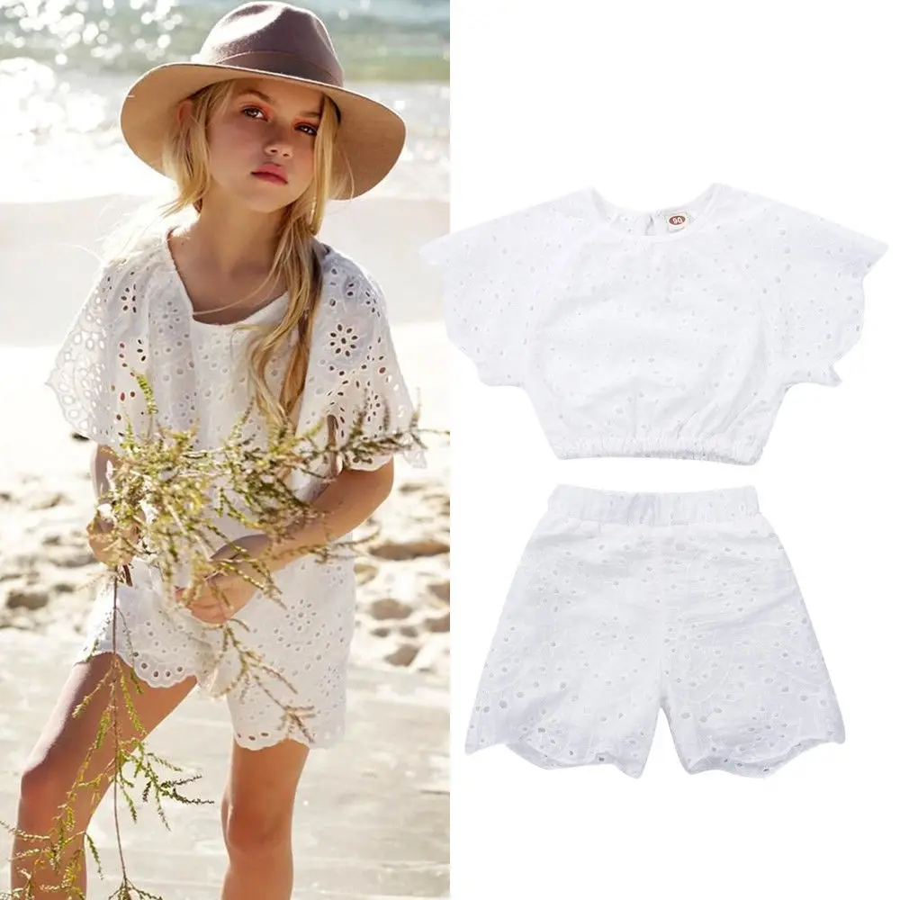 

2019 Summer Child Kids Baby Girl Clothes Floral Lace White Tops Crop Shorts Pants Outfits Casual Sunsuit 2-7Y