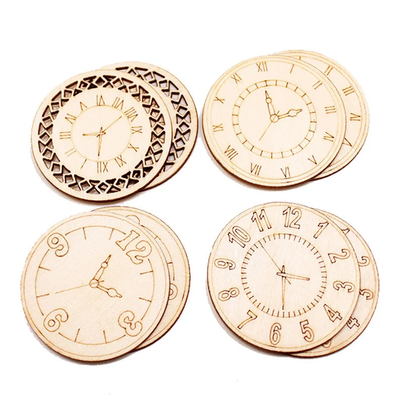 

Home Decoration Wooden Ornament Retro 8Pcs DIY Scrapbooking Crafts Handmade Accessory Wood Roundness Clock Pattern Mixed 45mm