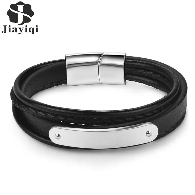 

Jiayiqi New Men Leather Bracelet Stainless Steel Magnetic Clasps Braided Rope Wristband Punk High Quality Bangles Male Jewelry