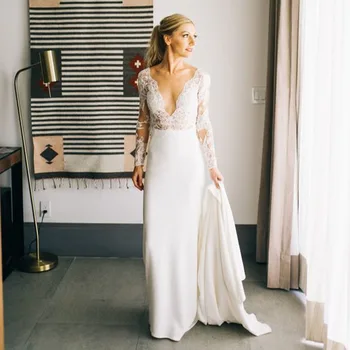 

Long Sleeve Wedding Dresses Mermaid Appliques Lace V Neck Beach Bridal Dress Custom Made Wedding Gown Free Shipping 2019