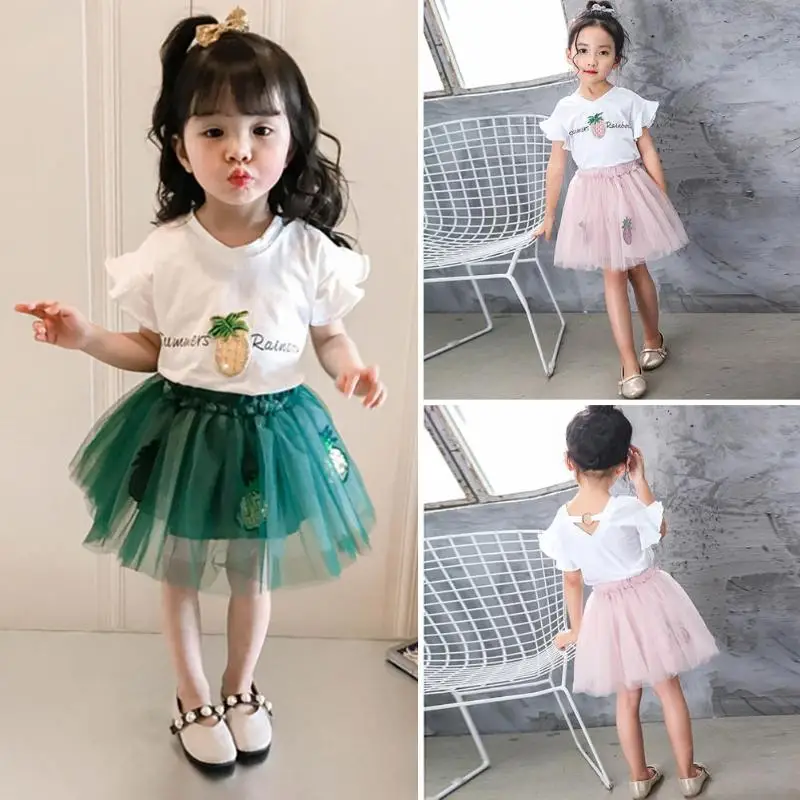 

New 2PCS Baby Girls summer Infant Dress Set Pineapple Girls Suit T-shirt + Veil Skirt Tutu Skirt Cute Clothes Girls Dresses