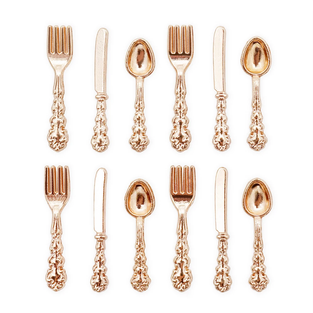 

Odoria 1:12 Miniature 12Pcs Coppery Knife Fork Spoon Set Dollhouse Kitchen Accessories