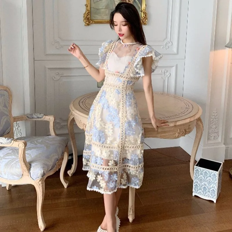 

High Quality 2019 Summer Dress Women Mesh Embroidery Lace Patchwork Dress Butterfly Sleeve O-neck Vintage Long Dresses Vestidos