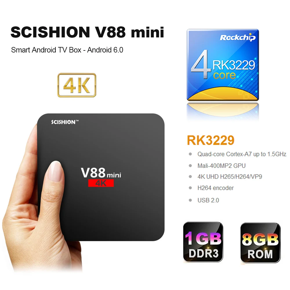 

SCISHION V88 mini Android TV Box Android 6.0 Rockchip 3229 Quad Core UHD 4K VP9 H.265 1G/ G DLNA WiFi LAN HD Smart box #S0