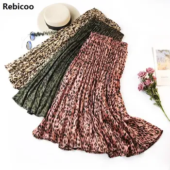 

Leopard Print Pleated Skirts Women Autumn Winter Midi Long Korean Elegant High Waist A-line Fashion Skirt Female