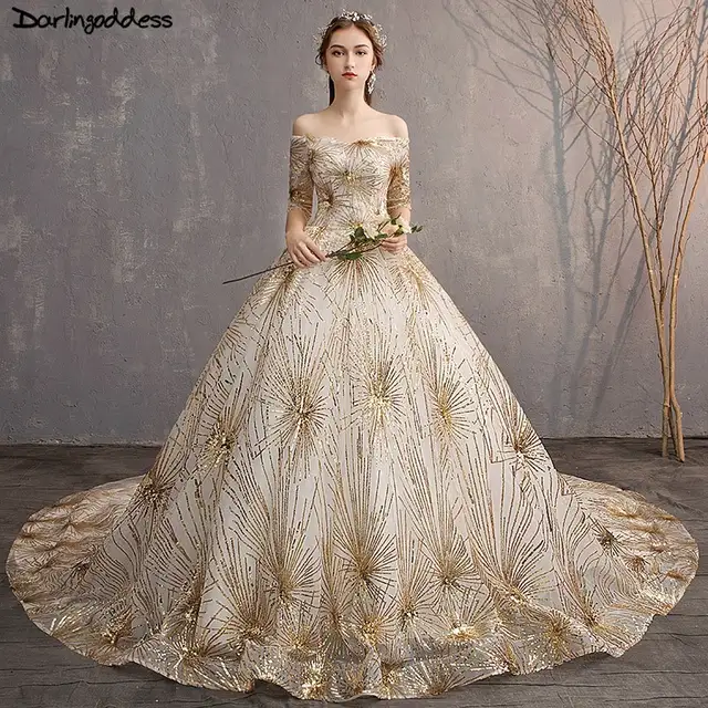 Vintage Gold Sequins Ball Gown Wedding Dresses Off Shoulder Half
