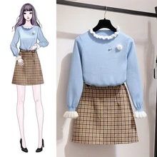 autumn suit women warm pullover sweater turtleneck two-piece grid woolen cloth bust skirt clothing set knitwear top design S M L autumn suit women warm pullover sweater turtleneck two-piece grid woolen cloth bust skirt clothing set knitwear top design S M L