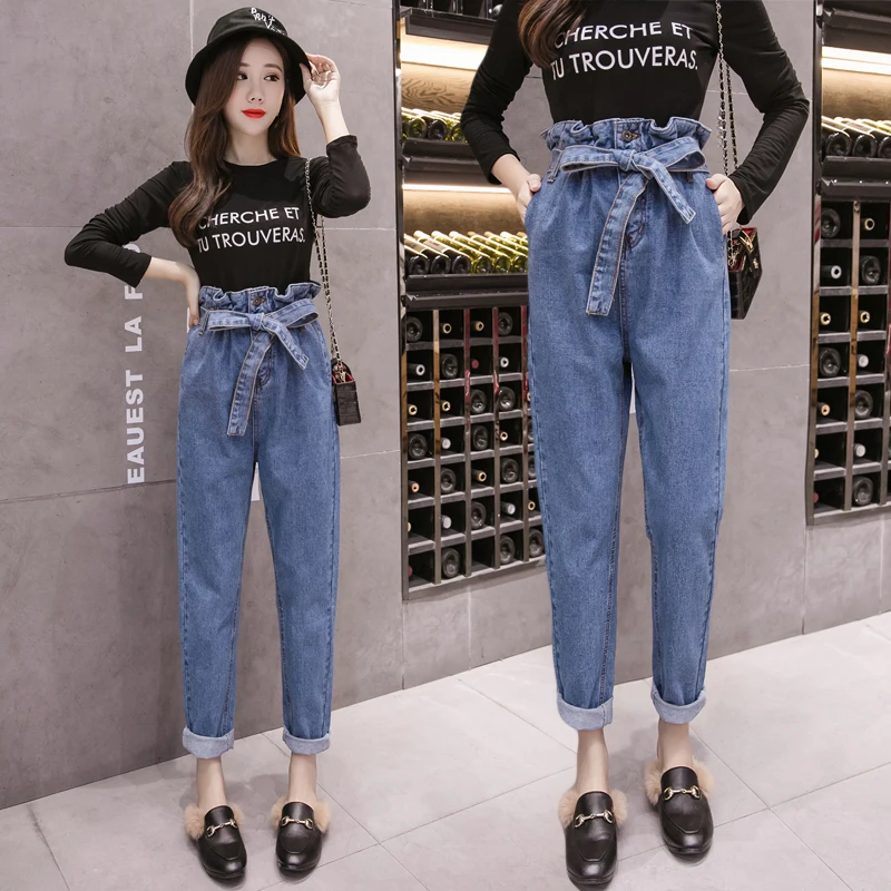 Women Blue Casual High Waist Jeans 2019 Autumn Boyfriend