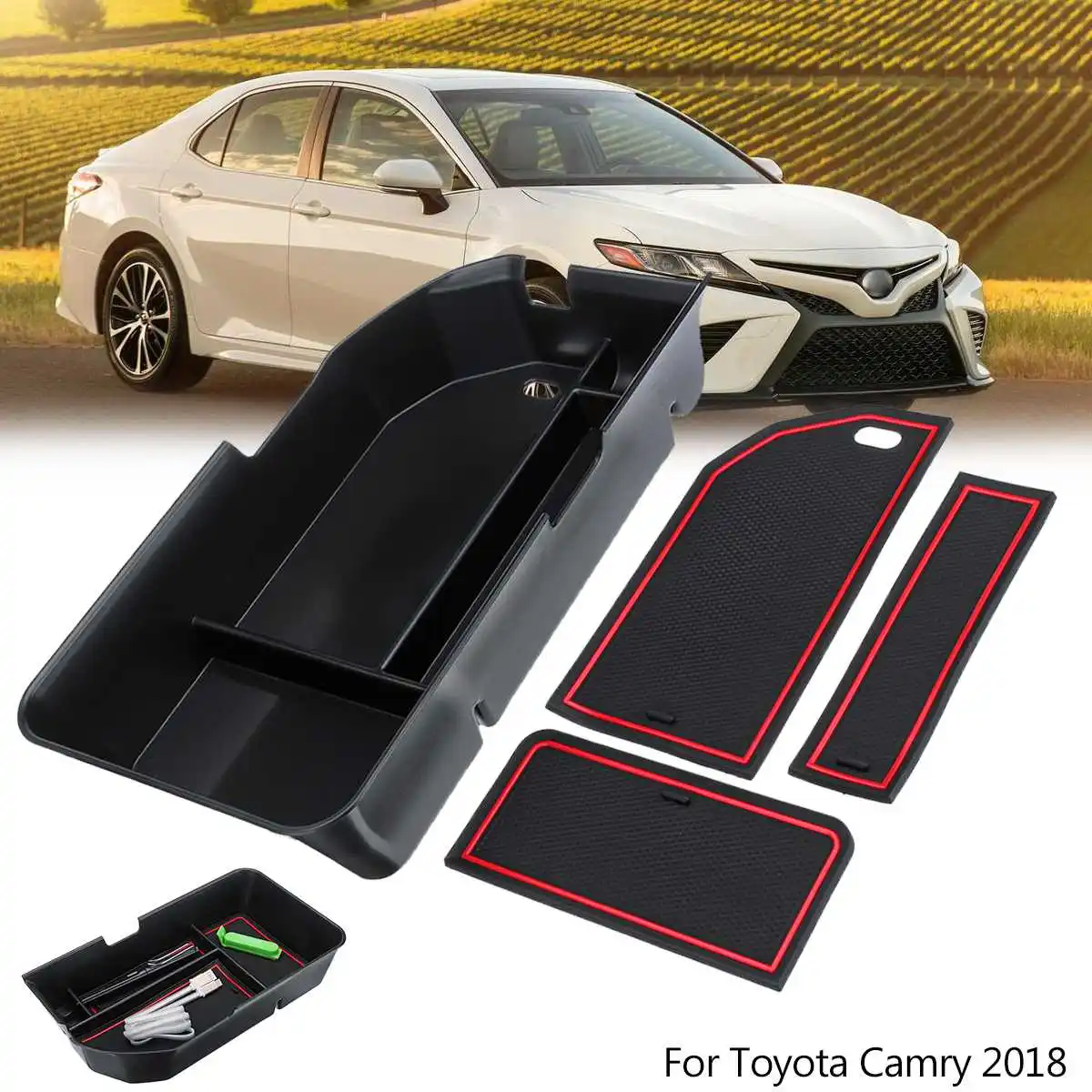 

Auto Car Styling Armrest Storage Box Center Console Tray Organiser Black Arm Rest Non-slip Pad for Toyota Camry 2018