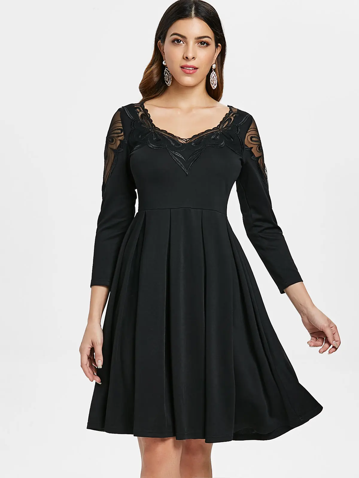 

Retro Embroidered Mesh Insert Vintage Dress Women Spring Summer Pin Up Rockabilly Robe Black Flare Vintage Dress Vestidos Mujer