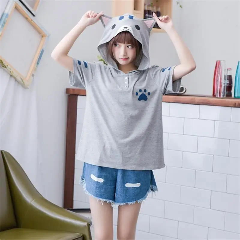 

Summer t shirt Women Harajuku tshirt Anime Kawaii Cat T-Shirt Neko Atsume Tops Cotton School Clothes Mori Girl Anime Hooded Tees