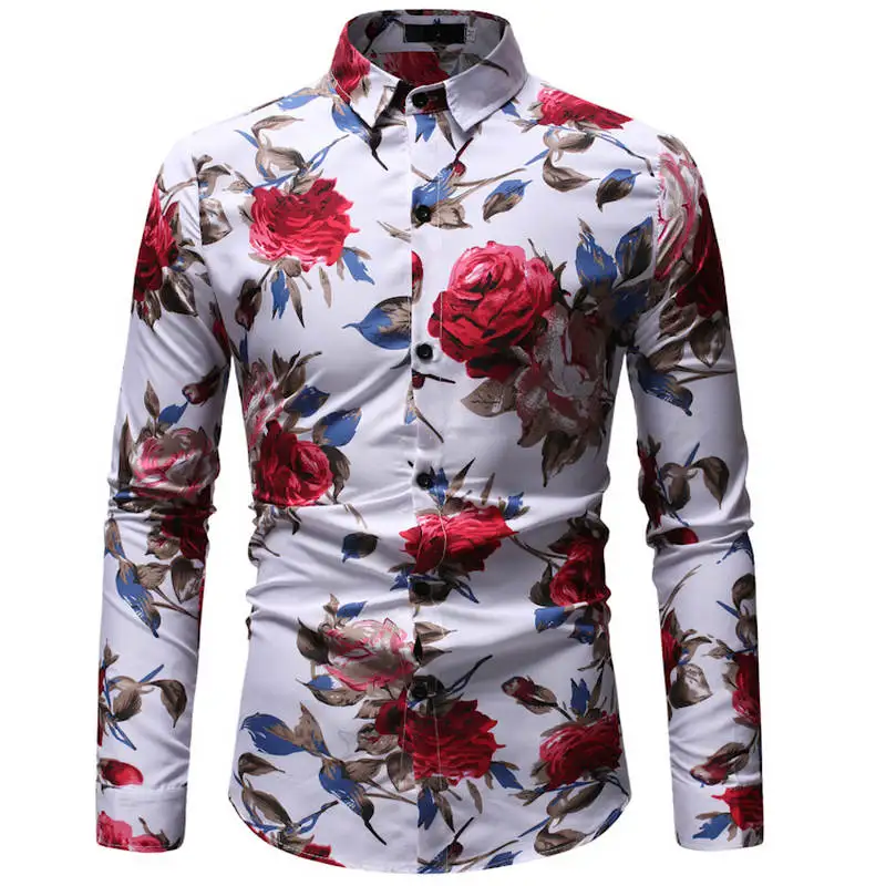 2019 الخريف جديد الأزياء الذكور قميص عارضة طويلة الأكمام زر قميص للرجال روز المطبوعة الزهور قمصان الرجال زائد حجم 3XL 23 اللون