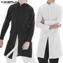 INCERUN уличная мужская хлопковая рубашка с длинным рукавом и стоячим воротником, мужские одноцветные индийские топы, Повседневная винтажная мужская длинная рубашка 5XL