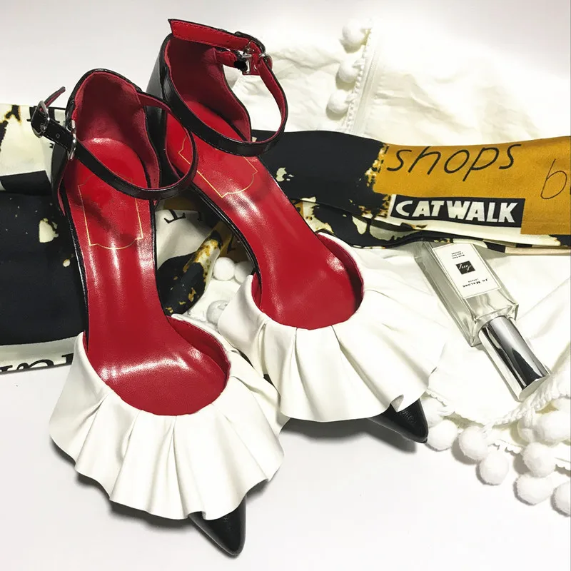 

2018 Hot Summer Shoes Woman Pumps High Thin Heels Pointed Toes Ruffles Mixed Color Design Pumps Fashion Party Tipe Shoes Woman