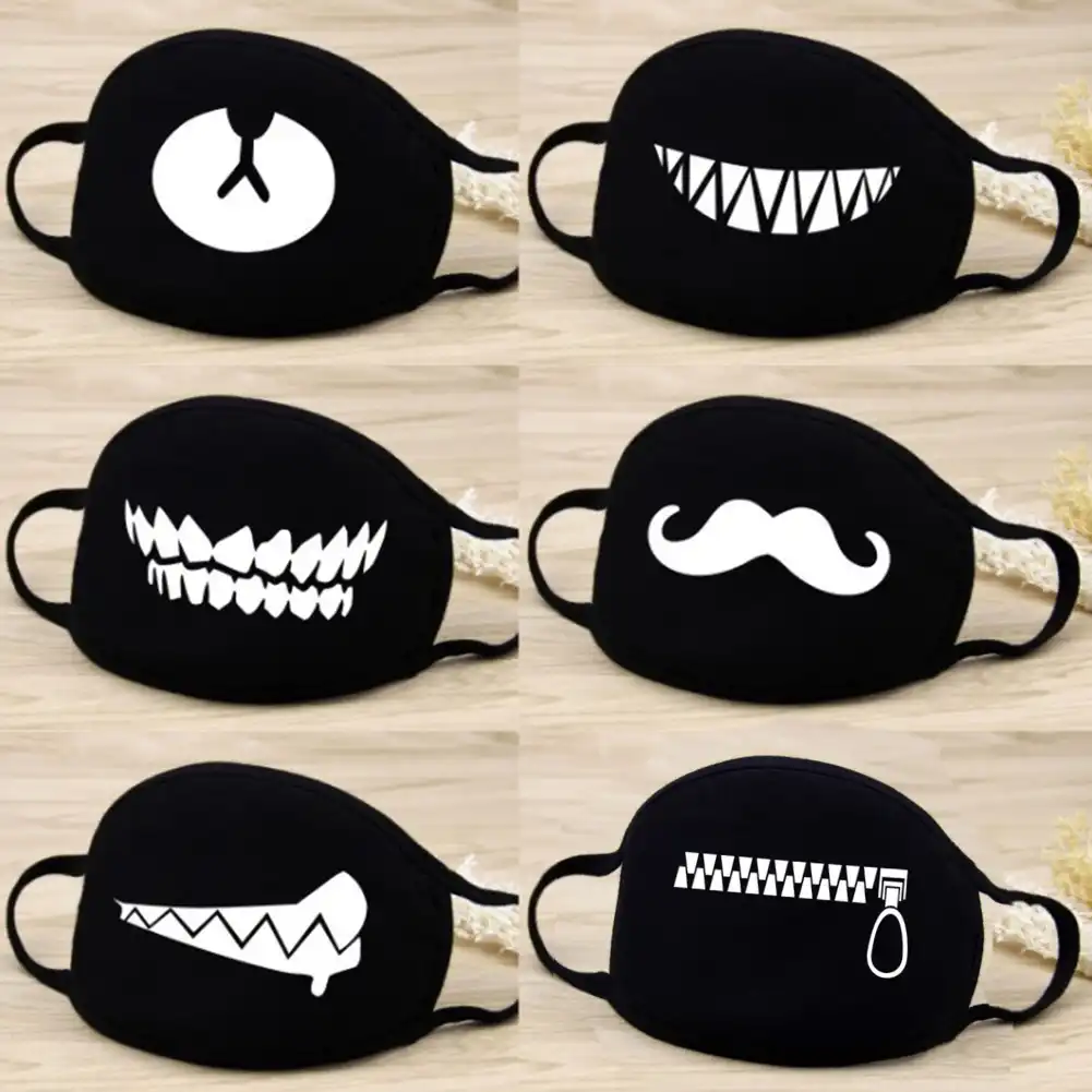 Unisex Solid Black Cartoon Teeth Print Kawaii Face Half Mouth Mask