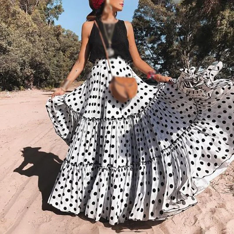 

Women Summer Dress Plus Size Beach Long Maxi Polka Dots Sleeveless Casual Swing