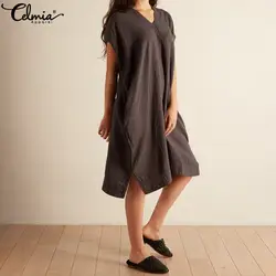 Celmia 2019 Летнее Длинное Платье-рубашка женское Ретро бохо платье с v-образным вырезом с коротким рукавом полые свободные повседневные