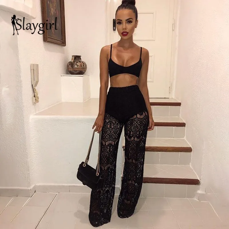Slaygirl/черные кружевные Женский комплект 2 шт. на тонких бретельках топ и широкие