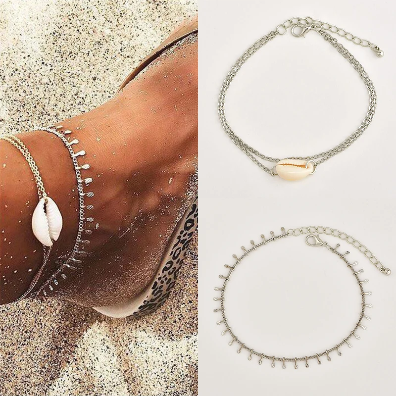 

Anklet Unique 2 Models Silver Gifts Women Tassel Retro DIY Seaside Shell Adjustable 1Set Handmade Exquesite Graceful Multilayer