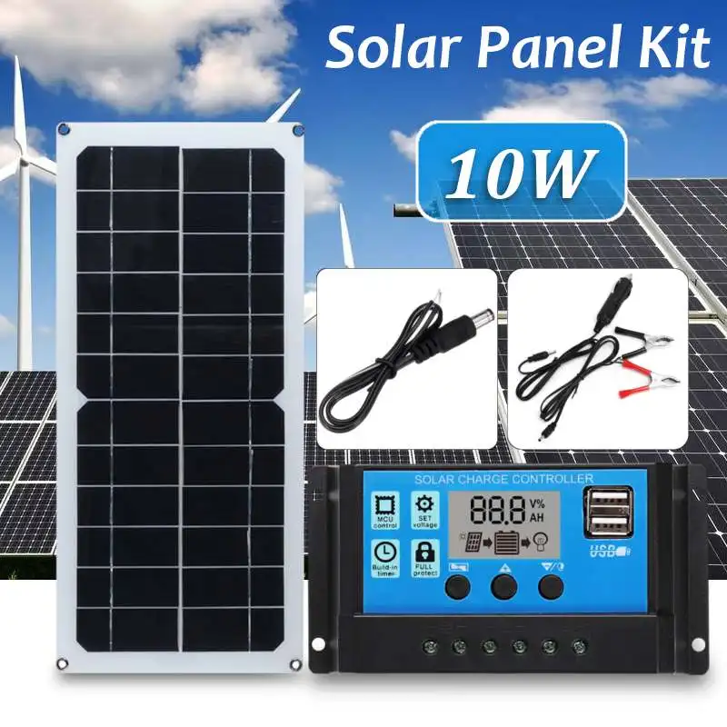 

New 3in1 10W 12V/5V DC USB Solar Panel Kit 10A PWM Multifunction Solar Charger Controller 30cm DC Male Cable