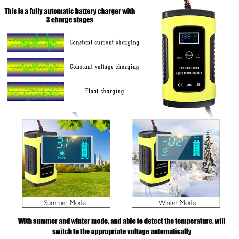 

Digital LCD Display Motorcycle Car Battery Charger 110V To 12V Fast Power Chargi
