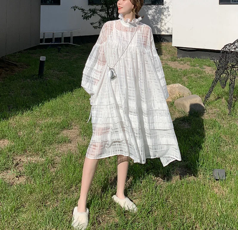 

DEAT 2019 new spring fashion women batwing sleeves organza loose long free dress see through girl's vestido WD51000S