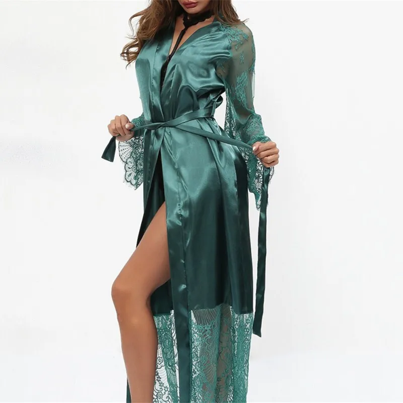 

2019 Fashion Ladies Belt Thin Long Sleeve Long Robes Spring Red/White/Green/Black Sexy Sleepwear