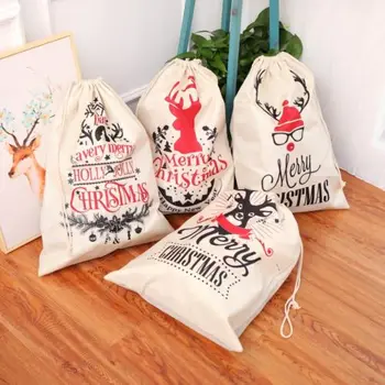

Merry Christmas Large Capacity Drawstring Linen Deer Printed Gift Bags Letter + Christmas deer Gift Bag