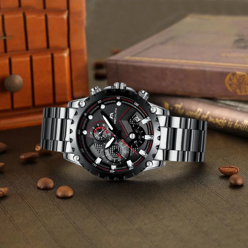 Мужские часы MEGALITH кварцевые часы Бизнес наручные часы классический ремешок из нержавеющей стали черный водонепроницаемый хронограф