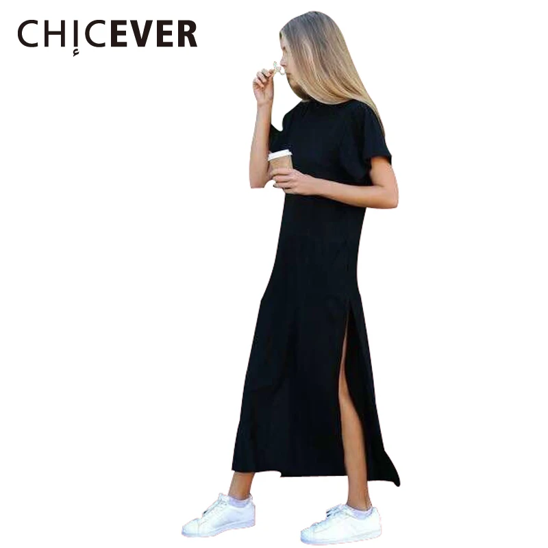 

CHICEVER 2017 Summer Women High Slit Sexy Straight Long T shirt Dress Female Short Sleeves Black Casual Clothes Korean Fashion