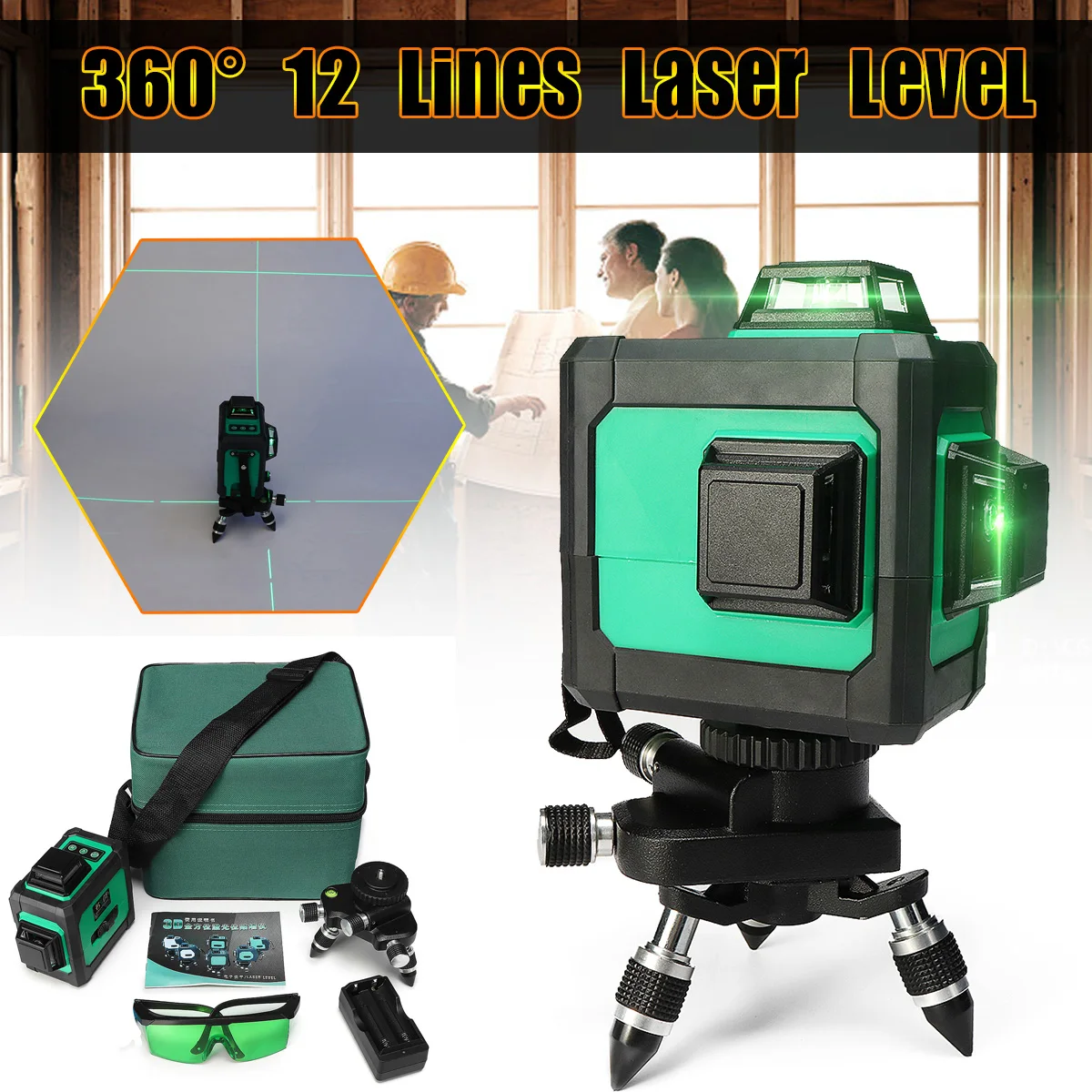 

3D Green Auto Laser Level 12 Lines +-1mm 360 Horizontal Vertical Cross Build Tool Waterproof Plumb-point Wavelength 532nm Stable