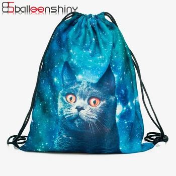 

BalleenShiny Oxford 3D Digital Cats Dogs Drawstring Storage Bags Laundry Shoe Makeup Organizer Fashion Knapsack Travel Pouch