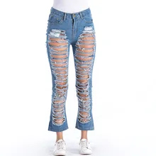 Женские рваные джинсы с высокой талией повседневные брюки до щиколотки винтажные стрейч свободные шаровары женские джинсы