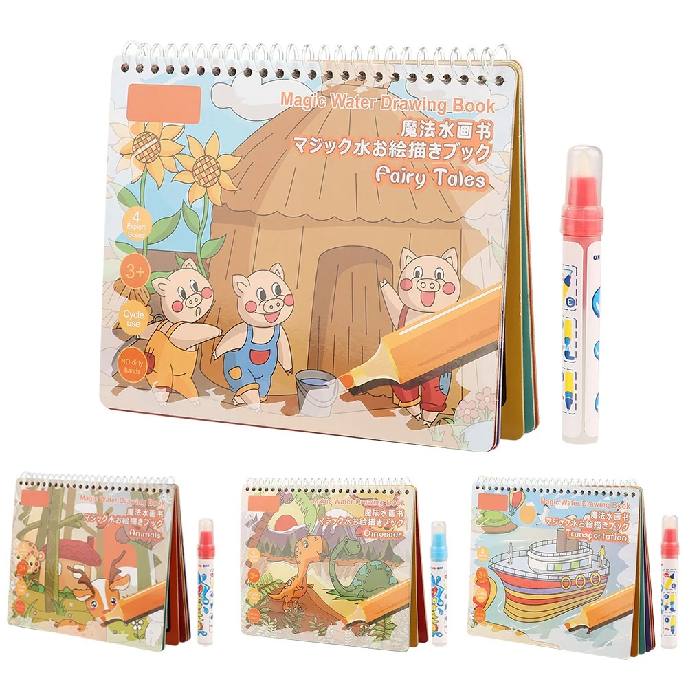 

4 Styles Cartoon Water Drawing Book With Colored pen Animal Zoo Coloring Painting Board Educational Doodle Kids Toys