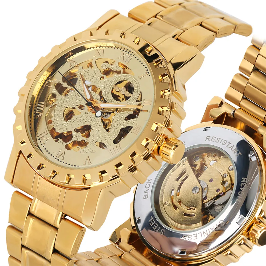 Механические Нержавеющая сталь Для мужчин смотреть Бизнес Спорт Водонепроницаемый Наручные часы Человек Classic Gold автоматические витки